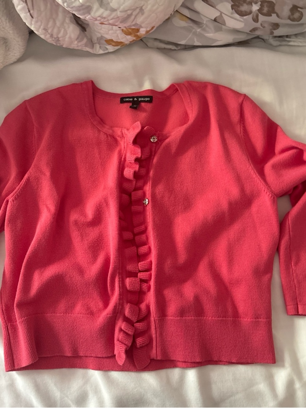 Cable & Gauge Coral Pink Ruffle-Front Cardigan